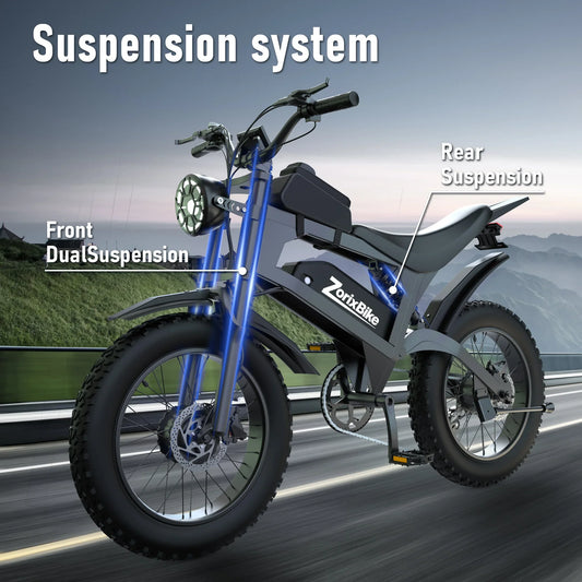 ZorixBike R8 Pro dual motor electric bike with full suspension system including front fork suspension and rear shock absorber