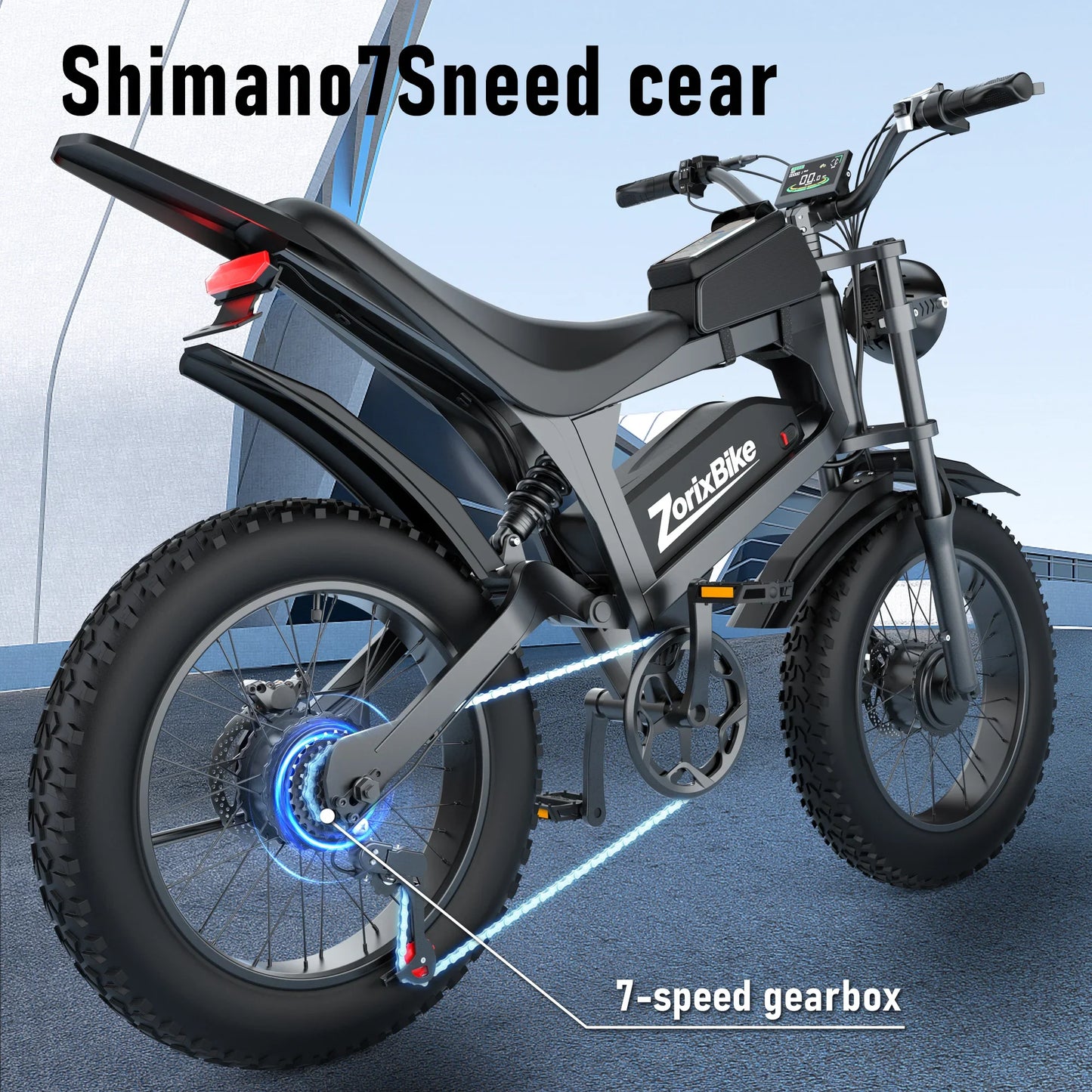 ZorixBike R8 Pro electric bike featuring Shimano 7-speed gear system and fat tires for versatile riding performance