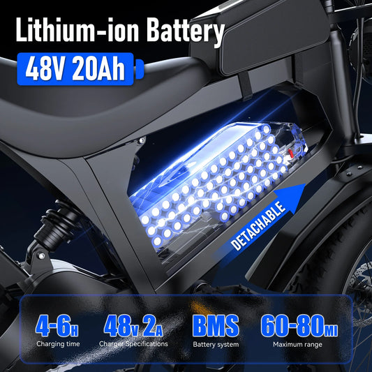 ZorixBike R8 electric bike 48V 20Ah removable lithium-ion battery with BMS system