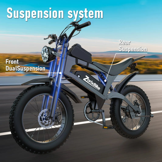ZorixBike R8 electric bike featuring full suspension system with front dual suspension and rear shock absorber