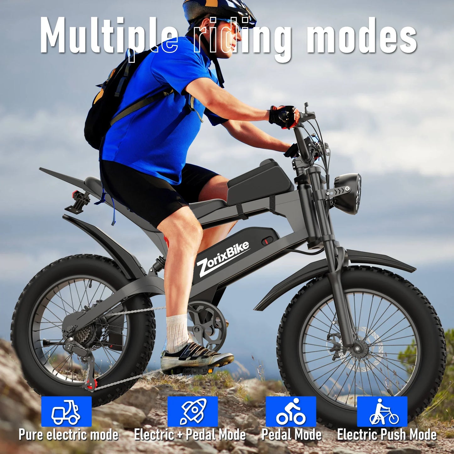 ZorixBike R8 electric bike featuring multiple riding modes for electric, pedal assist and push assistance riding