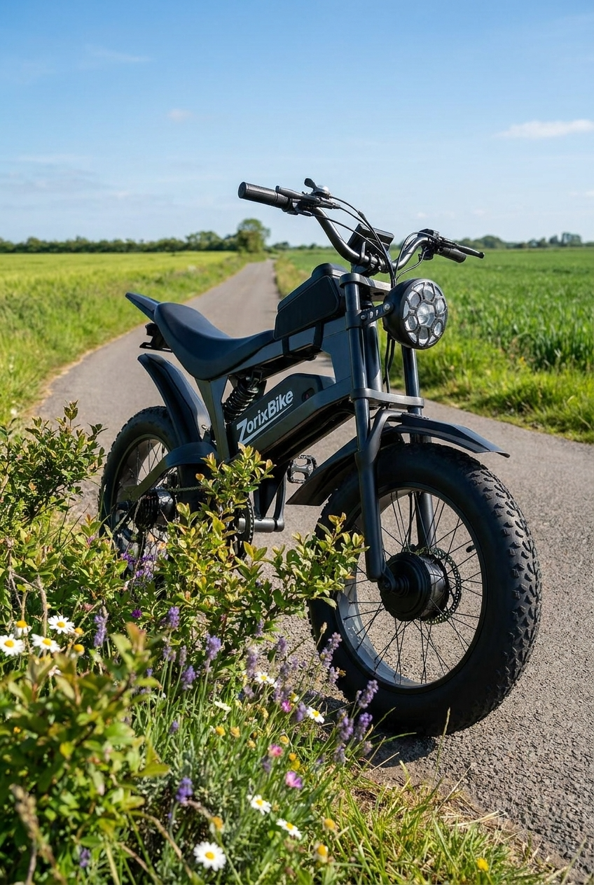 ZorixBike R8 Real customer photos：A black electric dirt bike with knobby tires sits on a narrow country road between green fields under a blue sky. The bike has a round headlight, black seat, and visible 'TurboBike' branding on the side frame.