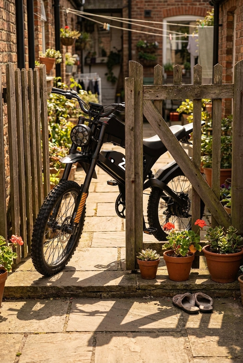 Real reviews of the ZorixBike R8  MAX A black electric dirt bike with orange accents is parked on a stone path in a sunny backyard, framed by a rustic wooden fence and gate with potted plants.