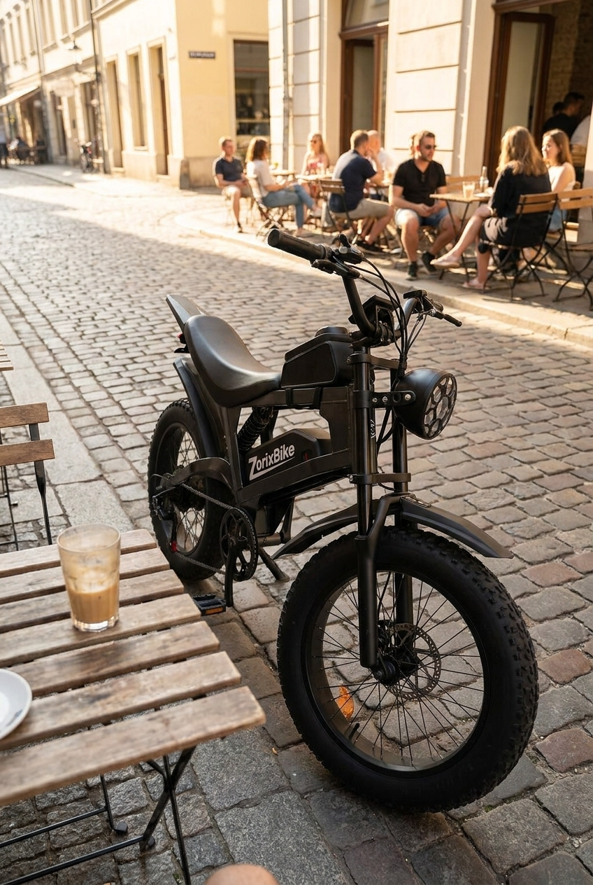 Real reviews of the ZorixBike R8 A black Zoukzou electric fat-tire bike parked on a cobblestone street in front of outdoor cafe tables with seated people.