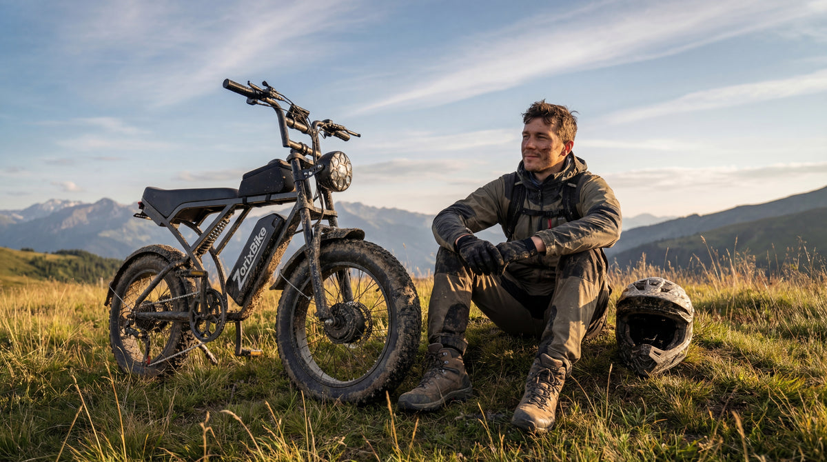 ZorixBike Z6 Pro electric bike with rider in mountain landscape for outdoor adventure riding