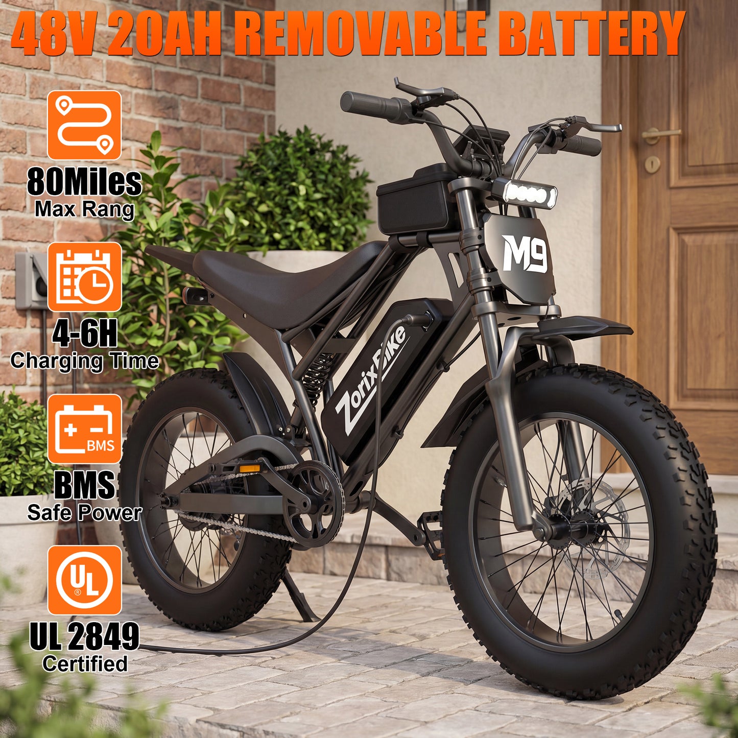 ZorixBike M9 Electric Bike – 48V 20Ah Battery, 20*4.0 Fat Tire Ebike