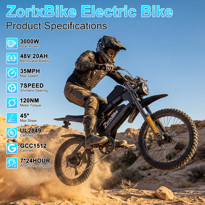 ZorixBike R8 Max 3000W Off-Road Electric Bike, 48V 20Ah, 19"/17" Tires