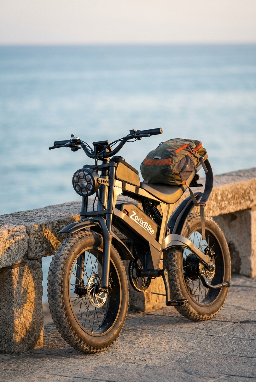 Real reviews of the ZorixBike R8 A black and tan electric fat tire bike with a rear cargo bag, parked on a stone pier with the ocean in the background.