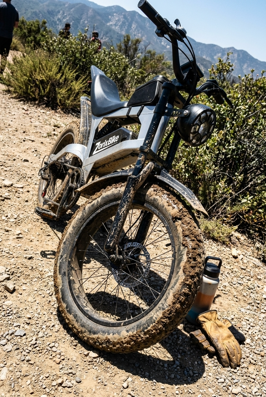 Real reviews of the ZorixBike R8 A white and black off-road motorcycle with a round headlight and knobby tires, parked on a dirt trail outdoors with mountains in the background. A pair of tan gloves and a water bottle sit near the front wheel.