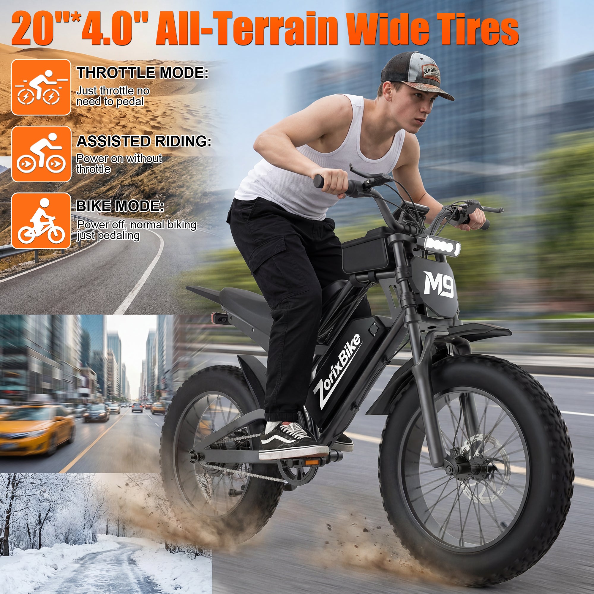 ZorixBike M9 Mini fat tire electric bike with throttle mode, pedal assist, and all terrain riding capability