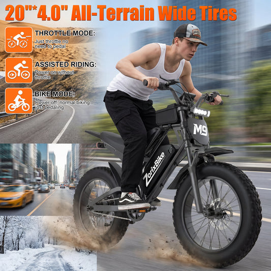 ZorixBike M9 Mini fat tire electric bike with throttle mode, pedal assist, and all terrain riding capability