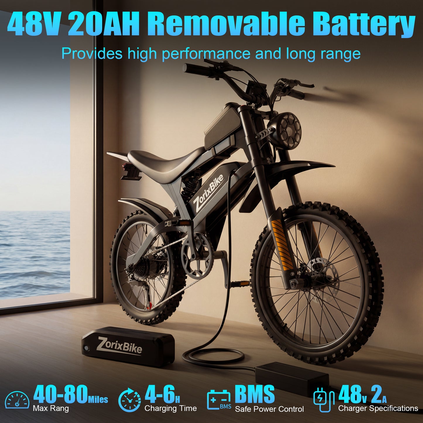 ZorixBike R8 Max 3000W Off-Road Electric Bike, 48V 20Ah, 19"/17" Tires