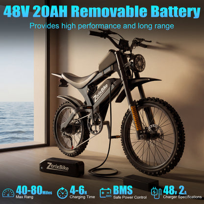 ZorixBike R8 Max 3000W Off-Road Electric Bike, 48V 20Ah, 19"/17" Tires