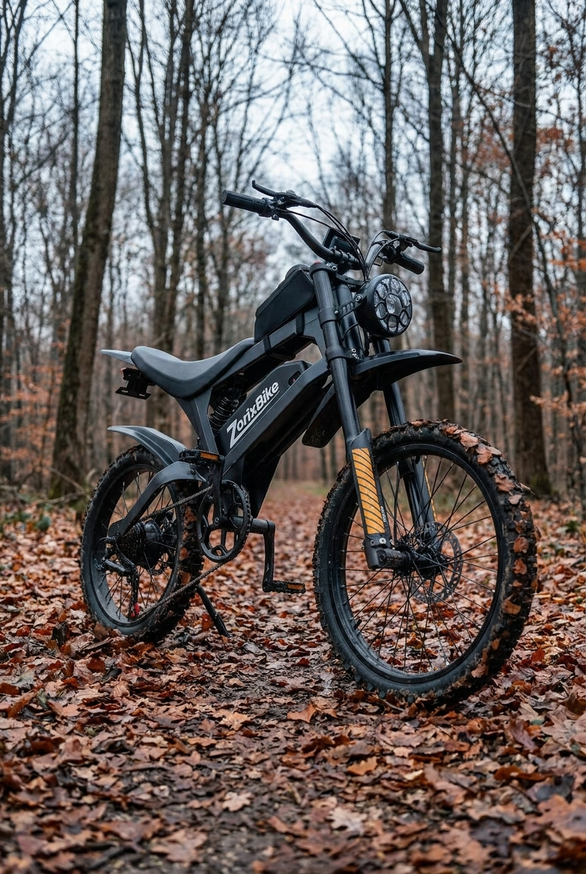ZorixBike R8 MAX Real customer photos：A black electric dirt bike with knobby tires is parked on a path covered in fallen brown leaves, surrounded by a forest of bare trees.