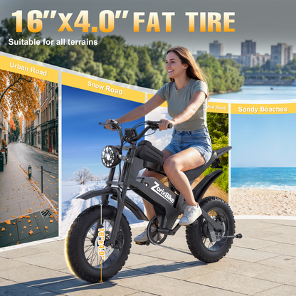 ZorixBike R8 Mini 16" Fat Tire Electric Bike, 48V 15.6Ah Battery, 1500W Peak Motor, 16" x 4.0 Fat Tire Ebike, 31MPH Top Speed
