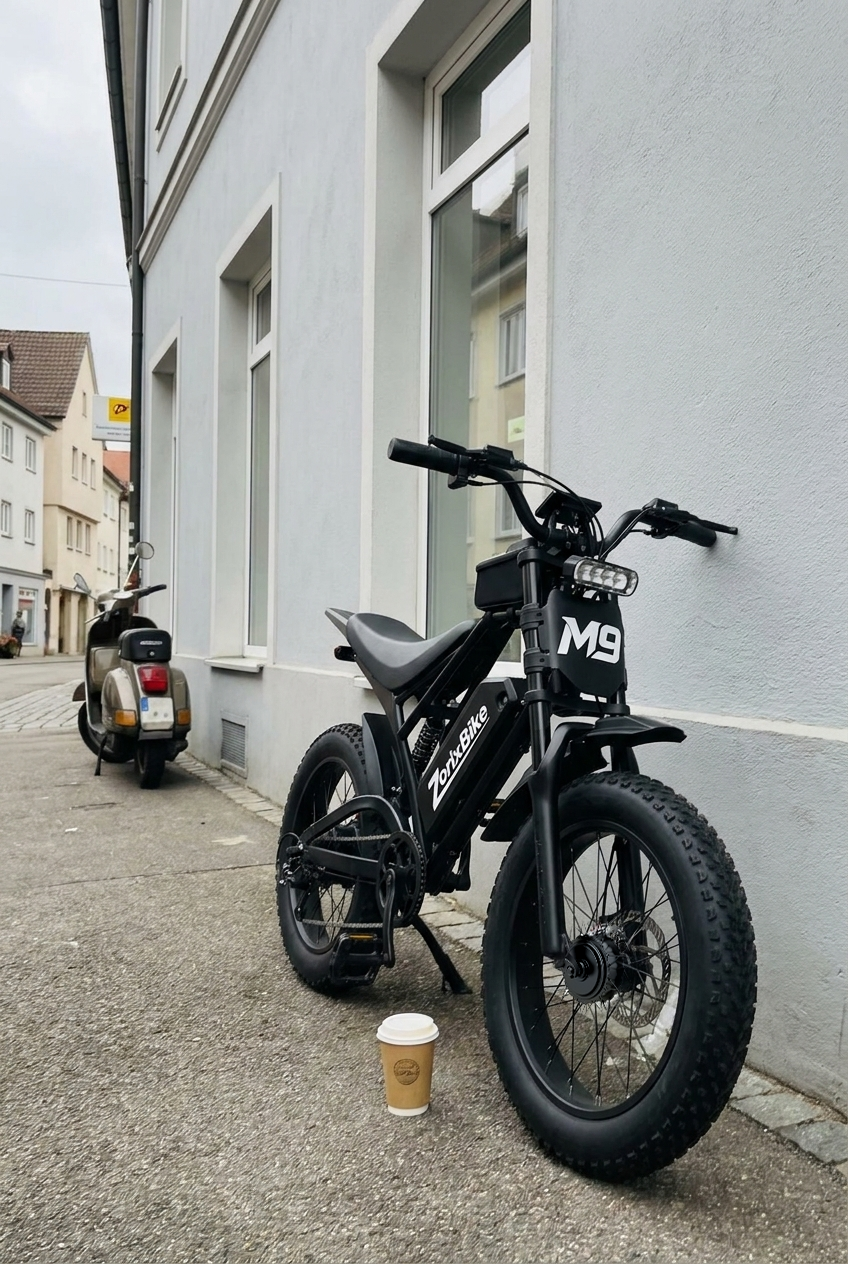 Real user reviews of the ZorixBike M9 A black electric fat-tire bicycle with a front light bar and rear suspension leans against a light gray building wall on a paved street. A coffee cup sits on the ground in front of the bike, and another scooter is parked further down the street.
