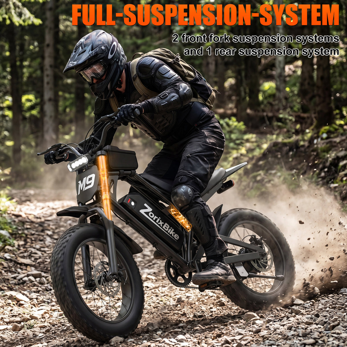 ZorixBike M9 Mini fat tire electric bike featuring front and rear suspension system for a smoother all terrain riding experience