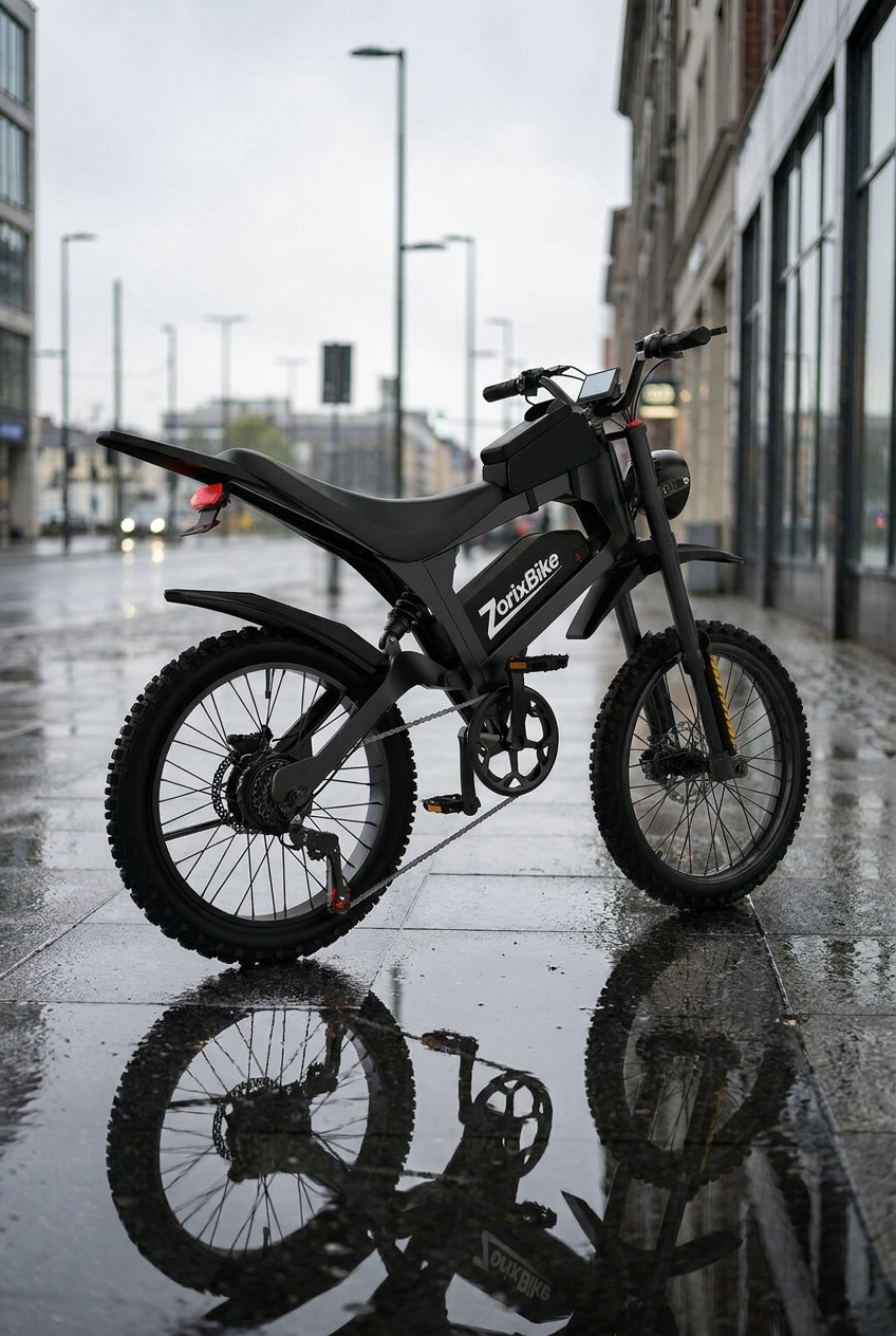 Real reviews of the ZorixBike R8MAX  A black Zestride electric dirt bike with knobby tires is parked on a wet city sidewalk, with its reflection clearly visible in the puddle below.