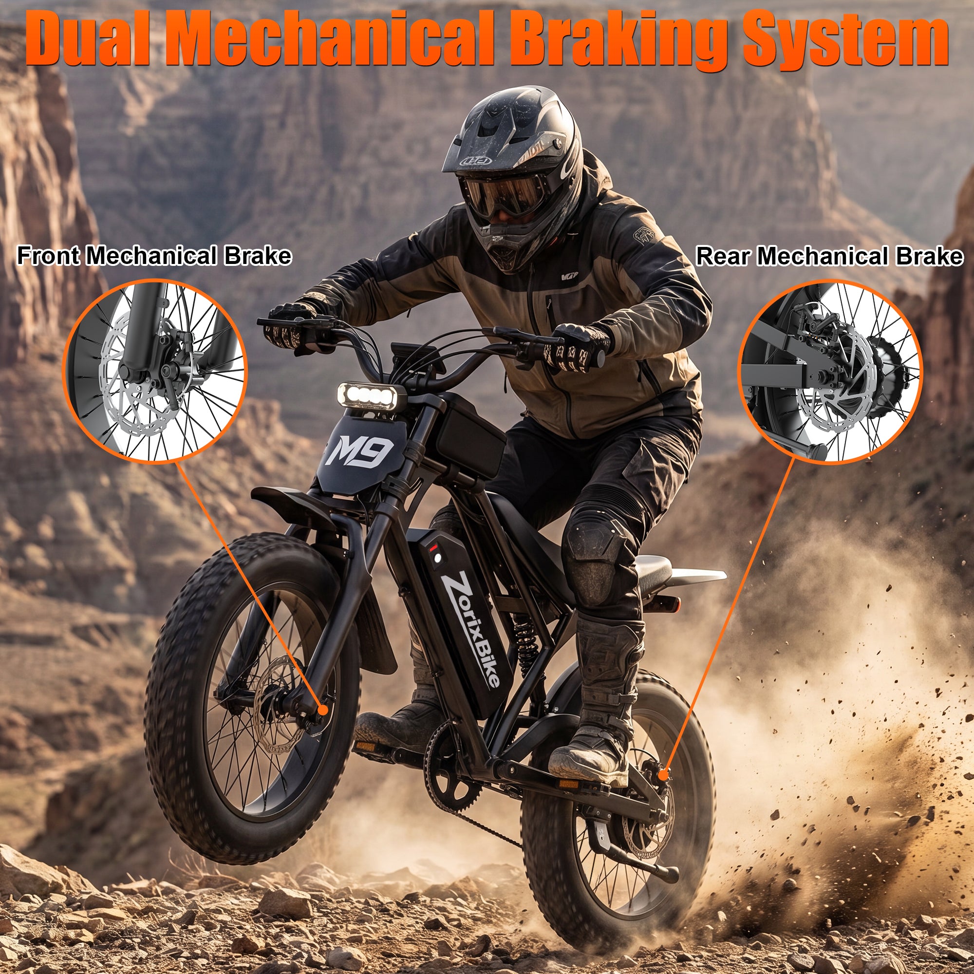 ZorixBike M9 Mini fat tire electric bike featuring front and rear mechanical disc brakes for reliable all terrain riding performance