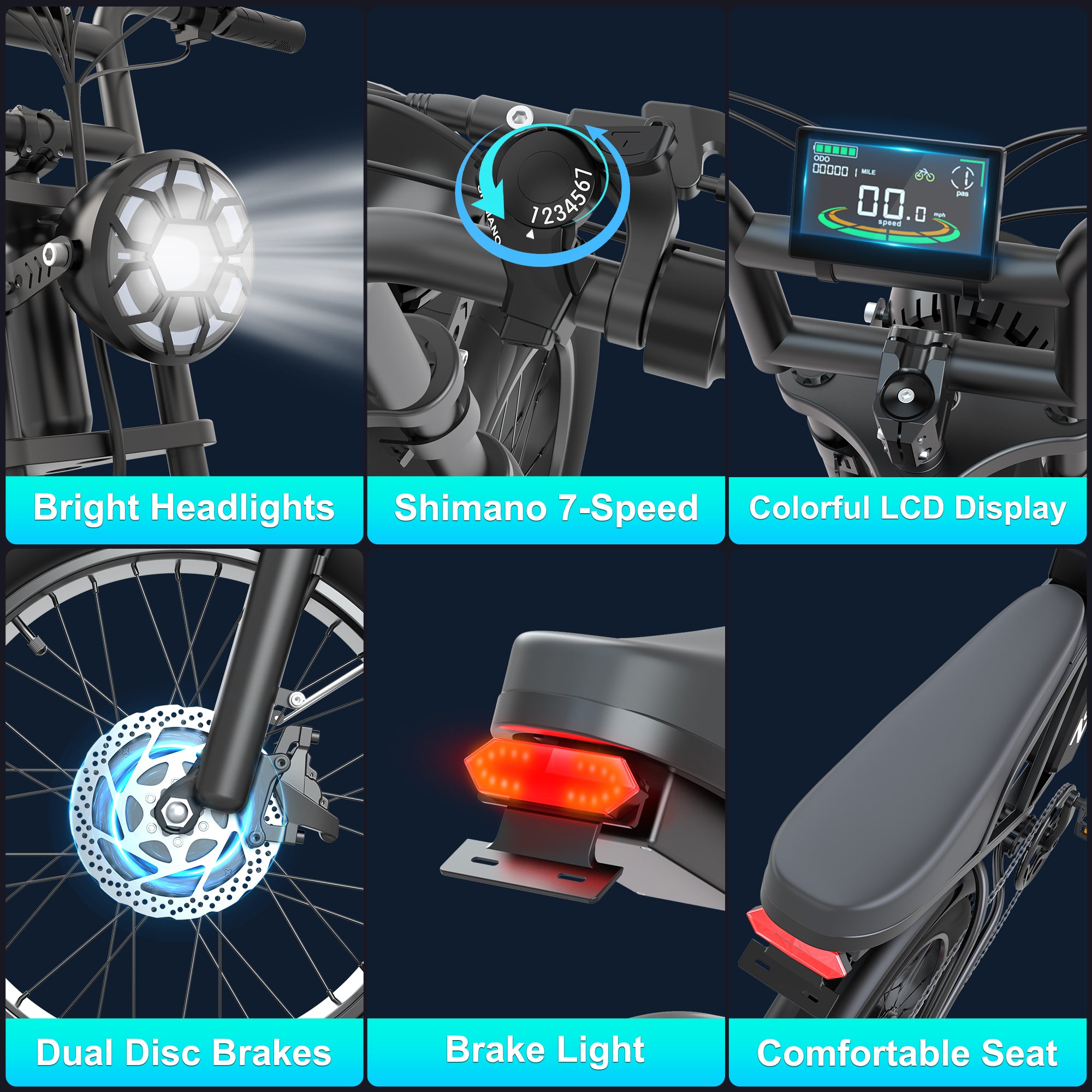 ZorixBike Z6 Pro electric bike featuring bright headlight, Shimano 7-speed gear system, LCD display, dual disc brakes, brake light and comfortable seat