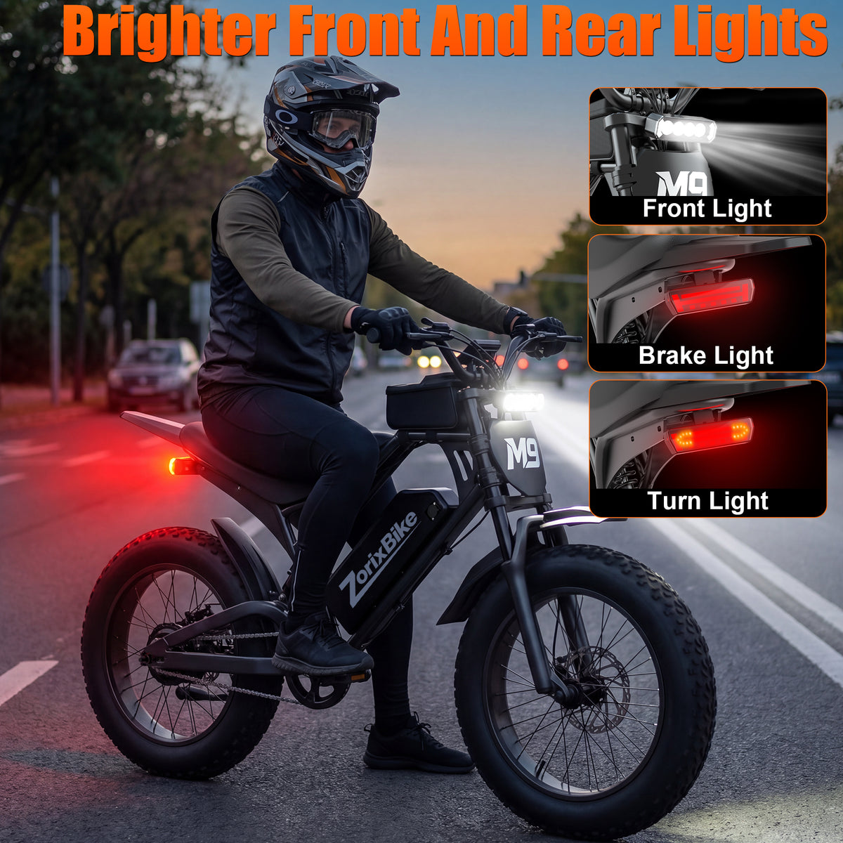 ZorixBike M9 Mini electric bike featuring bright headlights, rear brake lights, and turn signals for outdoor riding