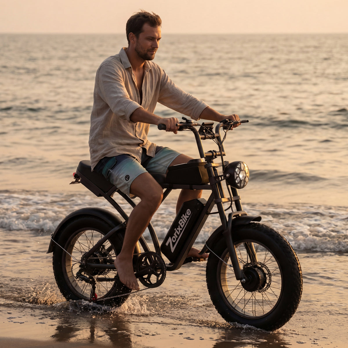 ZorixBike Z6 electric bike with fat tires riding on the beach for outdoor adventures and recreational cycling