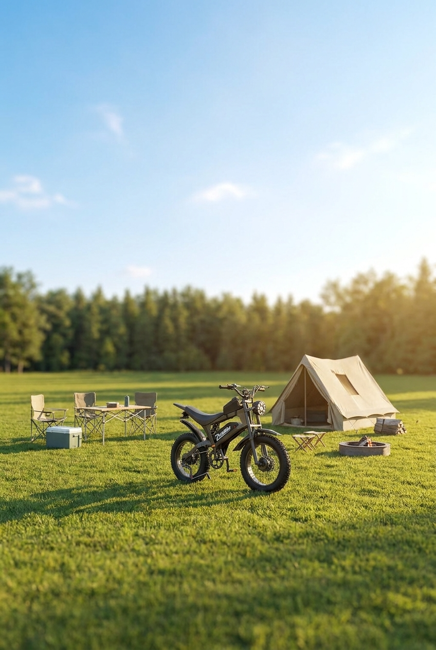 ZorixBike R8 Real customer photos：A black off-road motorcycle parked in a grassy campsite setting next to a beige tent, with folding chairs and a table in the background under a blue sky.