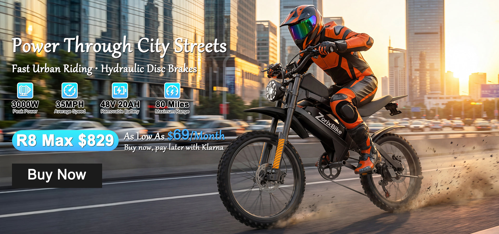  R8_MAX_829 Person riding an electric bike with cityscape background and promotional text.