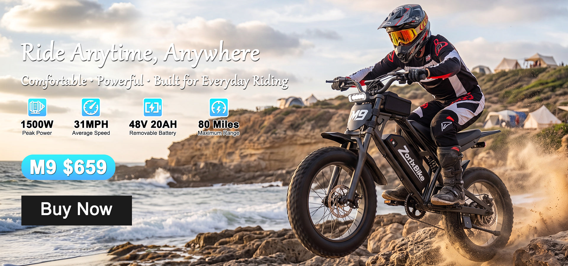 ZorixBike M9 $659 An electric dirt bike with a rider in a black and red racing suit riding on a rocky beach. The image features promotional text overlays on the left detailing the bike's specifications and pricing.
