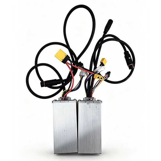 ZorixBike Controller Two brushed aluminum DC motor batteries connected in series, featuring attached black cables with various connector plugs and red/black wire harnesses, shown on a white background.
