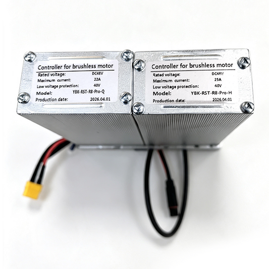 ZorixBike Controller Two brushed motor controllers with silver metal housings and printed technical specifications on top, connected side-by-side with black and red wires extending from the front, photographed on a white background.