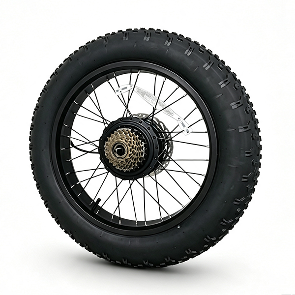 ZorixBike Rear Tire A black fat tire with a multi-spoke wheel, black rim, and a gold-colored rear cassette hub, shown on a clean white background.