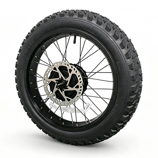 ZorixBike Rear Tire A black off-road motorcycle tire mounted on a black spoked wheel with a silver disc brake, shown on a clean white background.