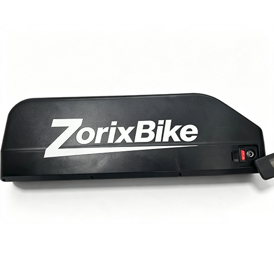 ZorixBike Round-Port Battery A black rectangular electric battery pack with the 'ZorixBike' brand name printed in white on the side, featuring a small red and black switch on the right side, photographed on a white background.