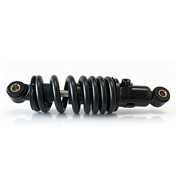 ZorixBike Shock Absorber A black motorcycle shock absorber with a coiled spring, shown horizontally on a clean white background with a subtle reflection.