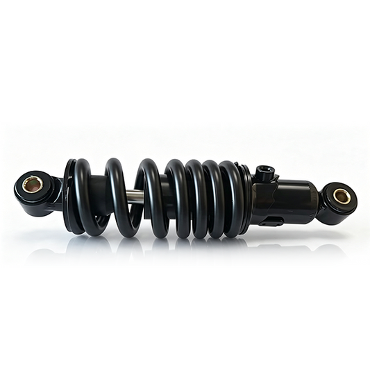 ZorixBike Shock Absorber A black motorcycle shock absorber with a coiled spring, shown horizontally on a clean white background with a subtle reflection.