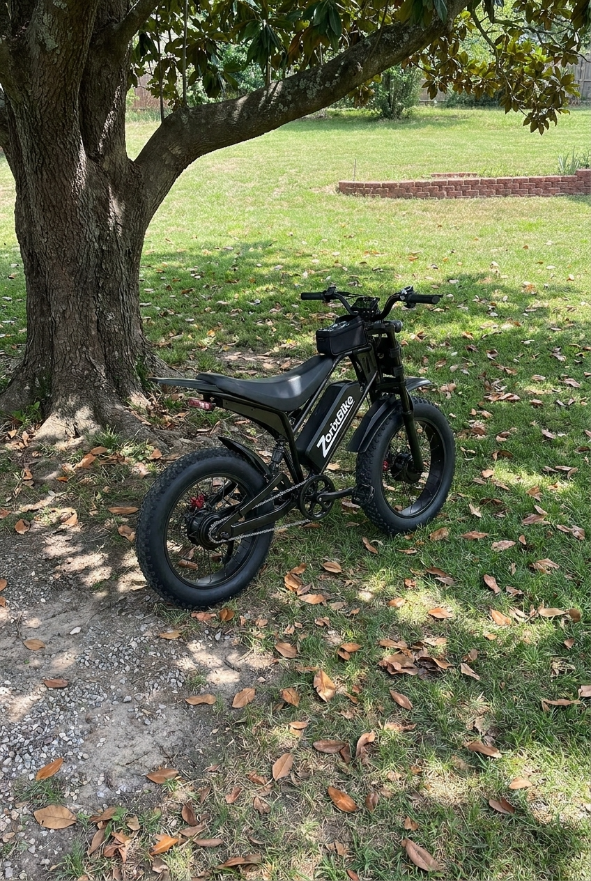Real user reviews of the ZorixBike M9 A black electric balance bike with fat tires parked on a grassy lawn under a large tree.