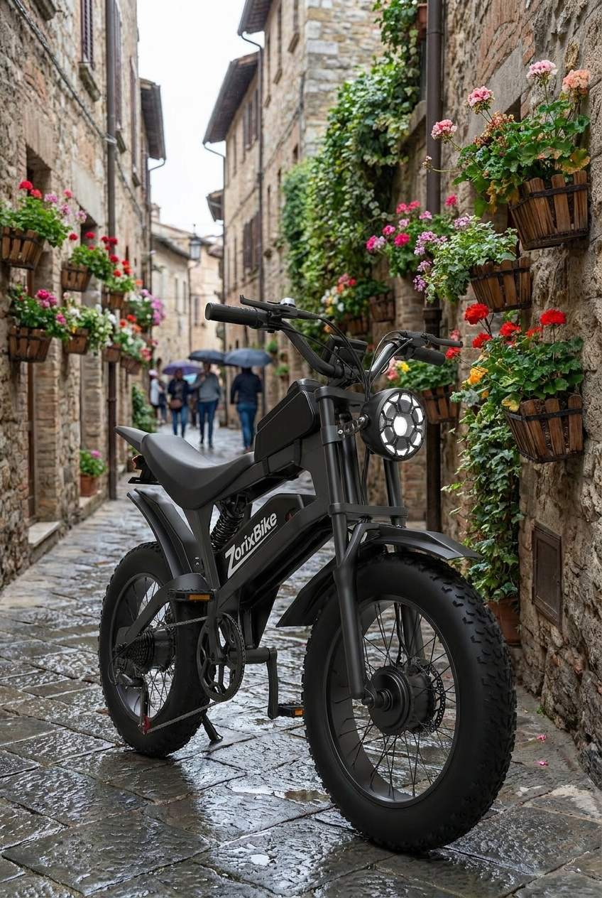 ZorixBike R8 Real customer photos：A black electric dirt bike with a round headlight and rugged tires is parked on a wet cobblestone street in a narrow European-style village alley lined with stone buildings, hanging flower baskets, and a few distant pedestrians with umbrellas.